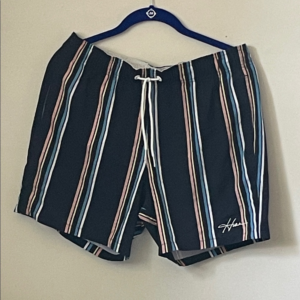 Hollister Men's Swim Trunks - Black with Blue and Pink and White Stripes